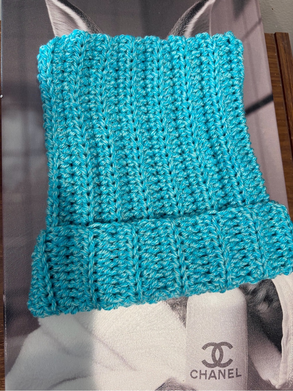 Handmade Turquoise Crochet Cat Ear Beanie | Cozy Kitty Hat - Picture 4 of 5